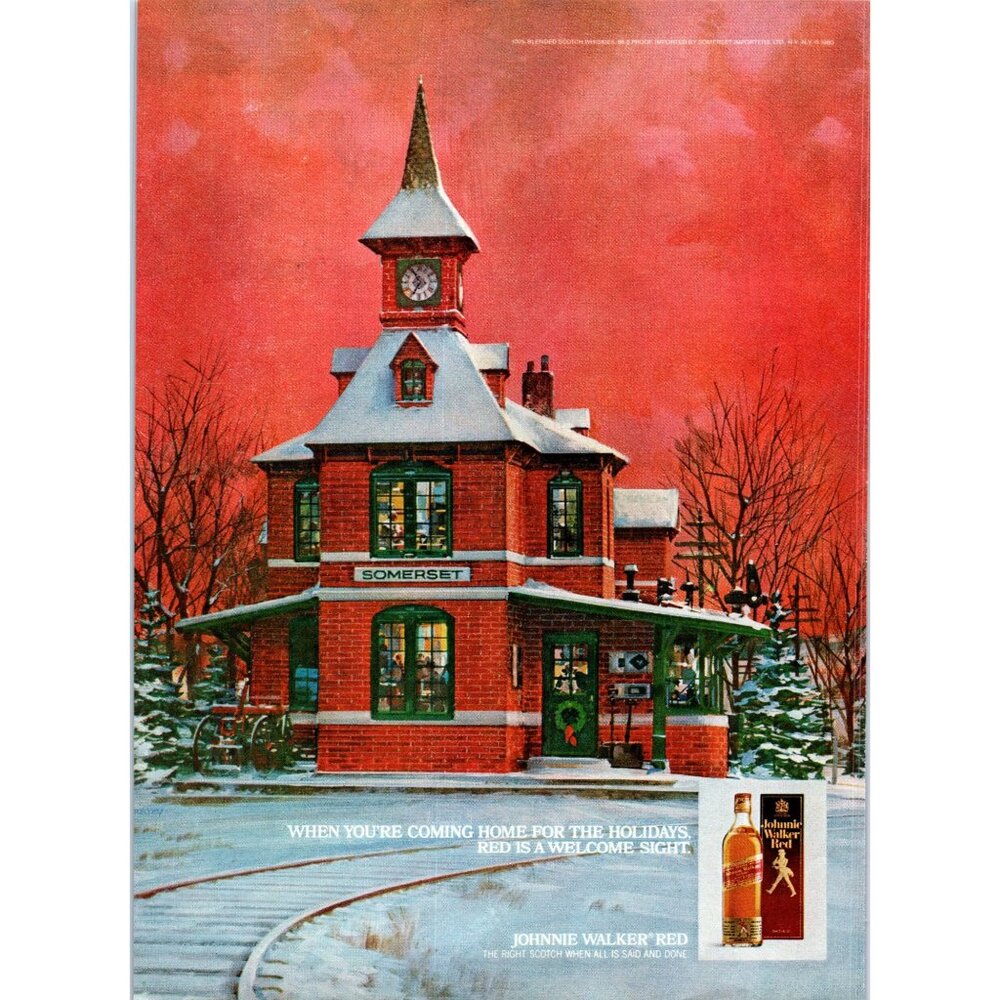 1981 Johnnie Walker Red Scotch Vintage Print Ad Christmas Train Station Wall Art
